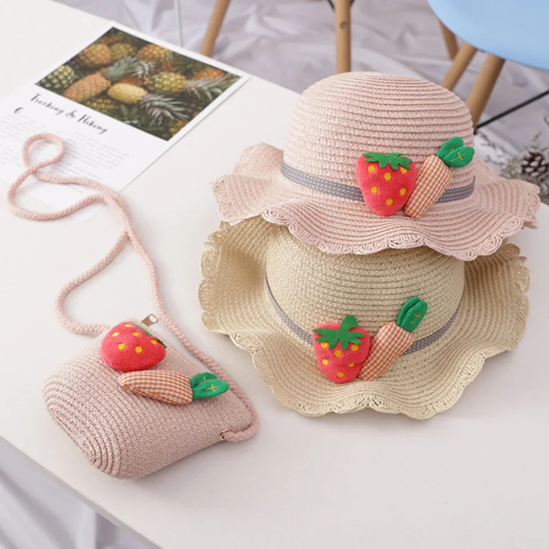 Hat Bag Set Wavy Straw Hats Strawberry Radish Cap Single Shoulder Bag for Kids Spring Summer Beach FI-19ING