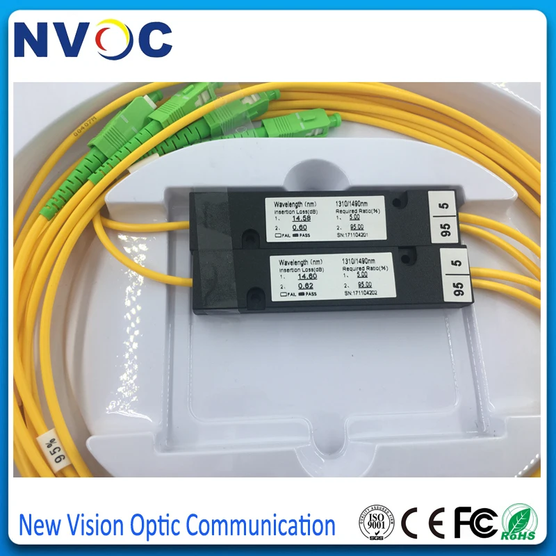 

5/95,1X2 FBT Fiber Coupler,SM,Dual Window,1490/1550,2.0mm,1M,ABS Pacakge:90*20*10,SC/APC,1*2 Double Window Fiber Optic Splitter