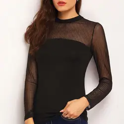 С длинным рукавом сетки Кофты с аппликацией с круглым вырезом модный пэчворк одноцветное Цвет футболки Для женщин Sexy Топ