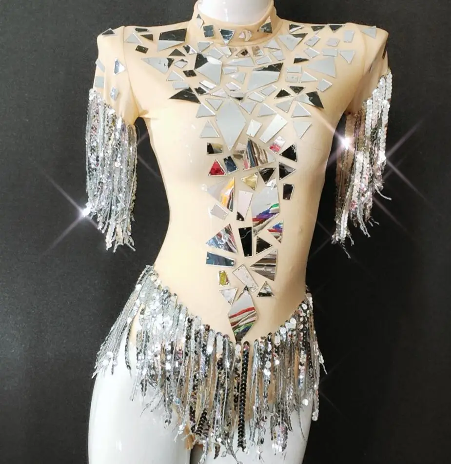 

Nude Sexy Silver Mirrors Leotard Dance Costume Women's Fringes Bodysuit Party Show Nightclub Bar Female Singer Stage Show Wear