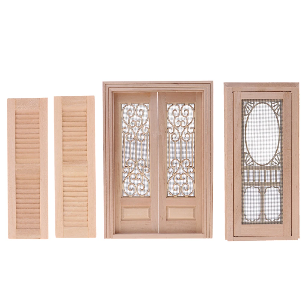 Wood Miniature External Hollow Screen Double Door + Single Door + Shutters 1/12 Dollhouse DIY Decoration Accessories