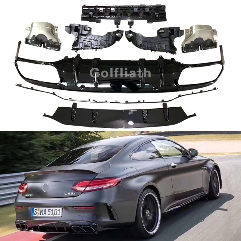 

C63 AMG style Rear Diffuser Lip Bumper Protector With Exhaust Muffler for Mercedes Benz C Class W205 Coupe 2-Door 2016 -2019