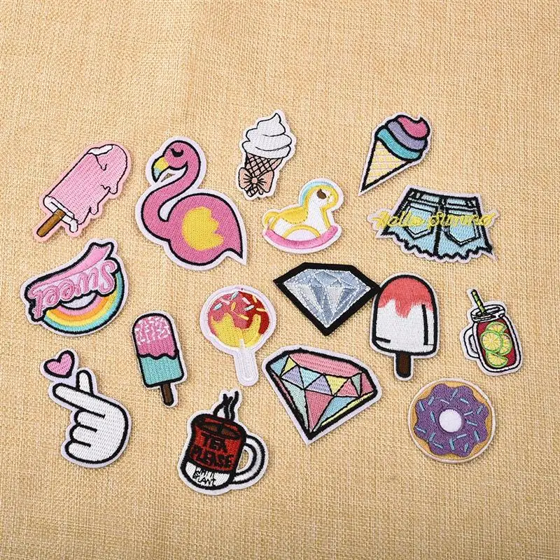 

16pcs/Set Cute Pink Ice Cream Iron On Embroidery Patches Sew On Patches Cloth Stickers For Jeans Jacket Pants T-Shirt Decoration