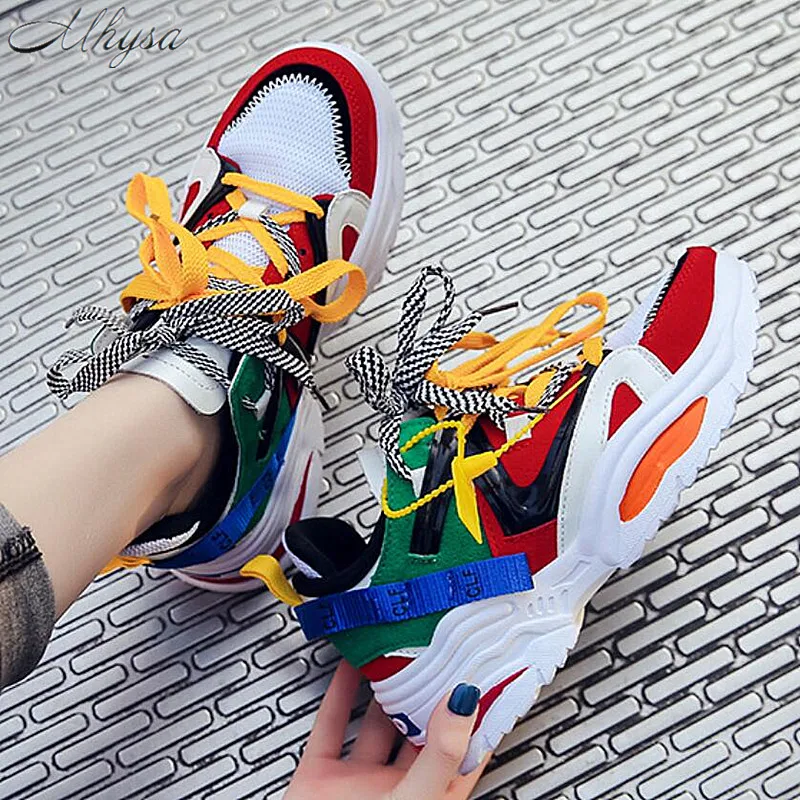 

2019 Spring New Fashion Mixed Colors Trendy Women Sneakers Thick Sole Ladies Platform Shoes Chunky Dad Sneakers T185