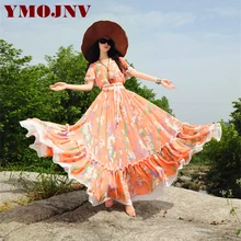 

YMOJNV Fashion Elegant Women Clothing Summer Dress 2018 New Design Flower Print Chiffon Dress Temperament Slim Long Beach Dress