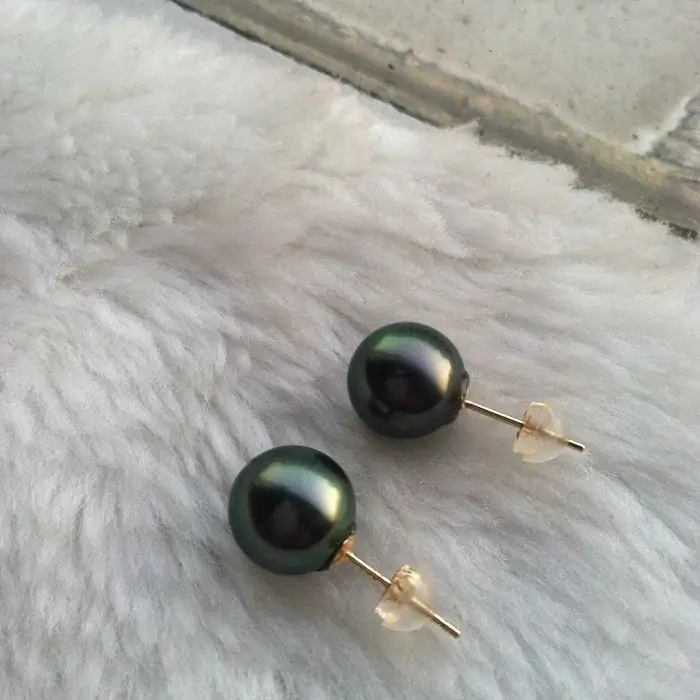 

Free shipping PERFECT 11MM BLACK GREEN TAHITIAN PEARL STUD EARRING AAAA++
