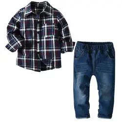 3 шт. Костюмы Одежда для мальчиков Комплекты хлопок ребенок Рубашки в клетку + джинсы Демисезонный для мальчиков Комплекты Костюмы