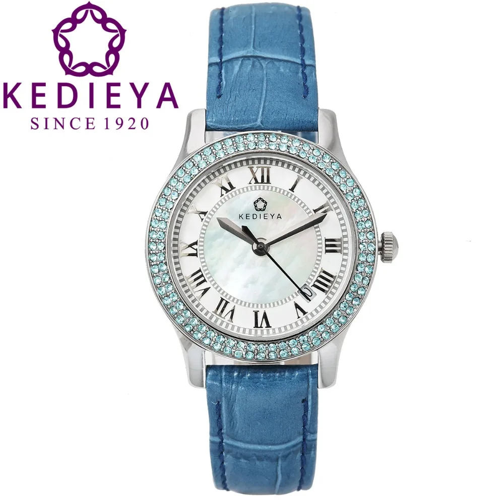 KEDIEYA Womens Luxury Brands Zircon Diamond Pearl Dial Waterproof Miyota Quartz Watch Leather Strap Watches