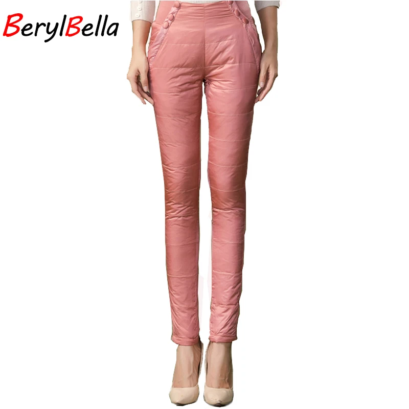

Fitness Pencil Pants 2016 Winter Casual Skinny Black Thick Double Side Outer Wear Lace Slim Duck Down Pants Female Trousers