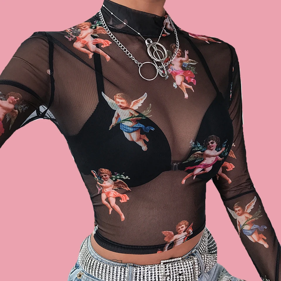 See Through Clubwear Transparent Turtleneck Shirt Vetement Femme 2019 Long Sleeve Sheer Mesh Crop Top T Angel Print Women | Женская