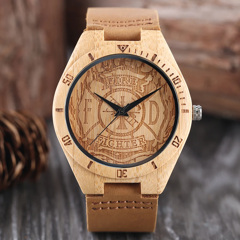

Fire Fighter Pattern Dial Bamboo Wooden Wrist Watch Men Sport Handmade from Nature Wood Quartz Creaitve Watches Gift Bag