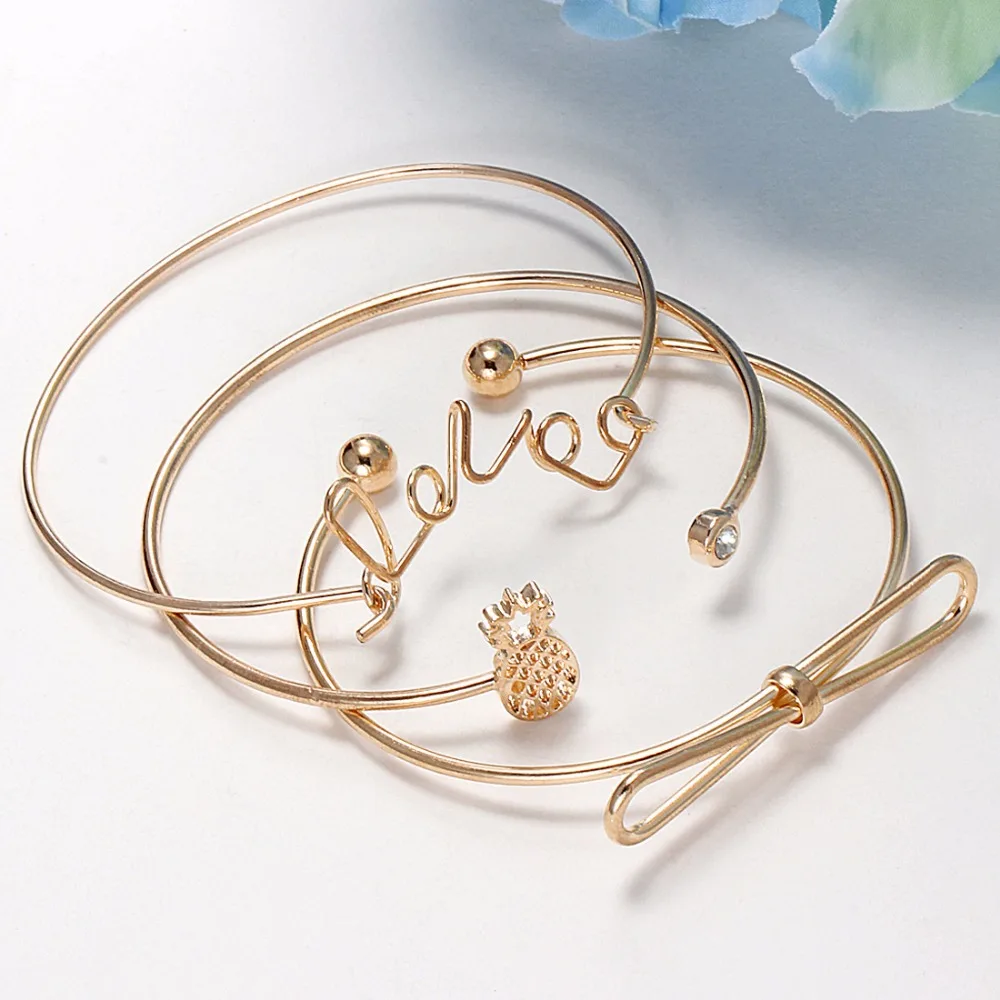 

elegant gold color pineapple charm bangles sets heart cuff bangle sets for party