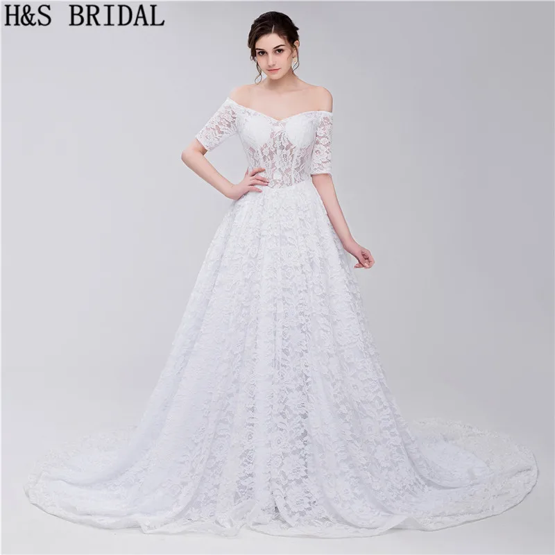 H &amp S свадебное кружевное платье с открытыми плечами vestido de noiva Короткое рукавами