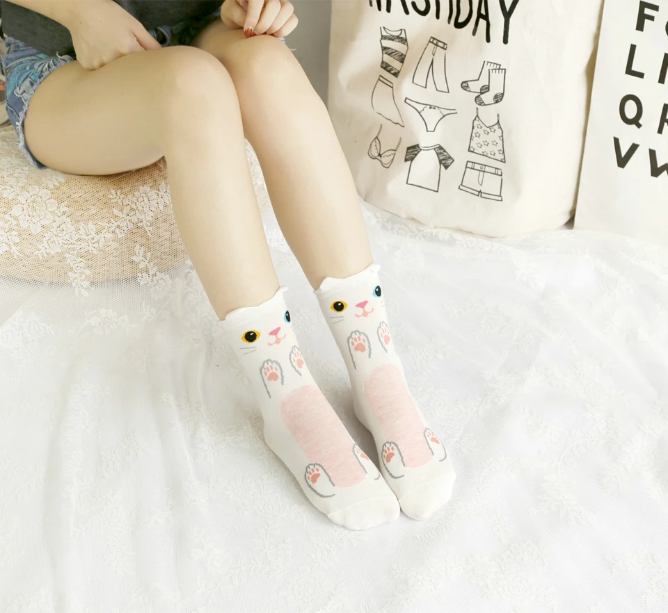 Funny Cute Cat Cartoon Women Socks Autumn Winter Lady's Sock korean Fashion Candy Color Creative Warm socks White Yellow Gray (13)