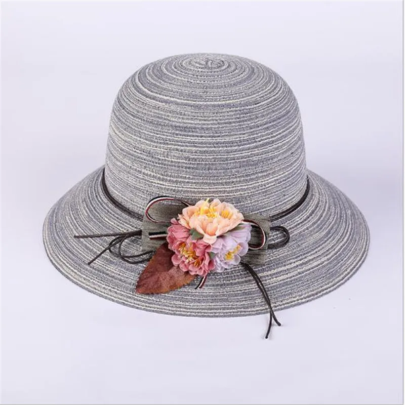Xuyijun الصيف اليدوية زهرة القش دلو قبعة الشاطئ للنساء الفاتحة فام