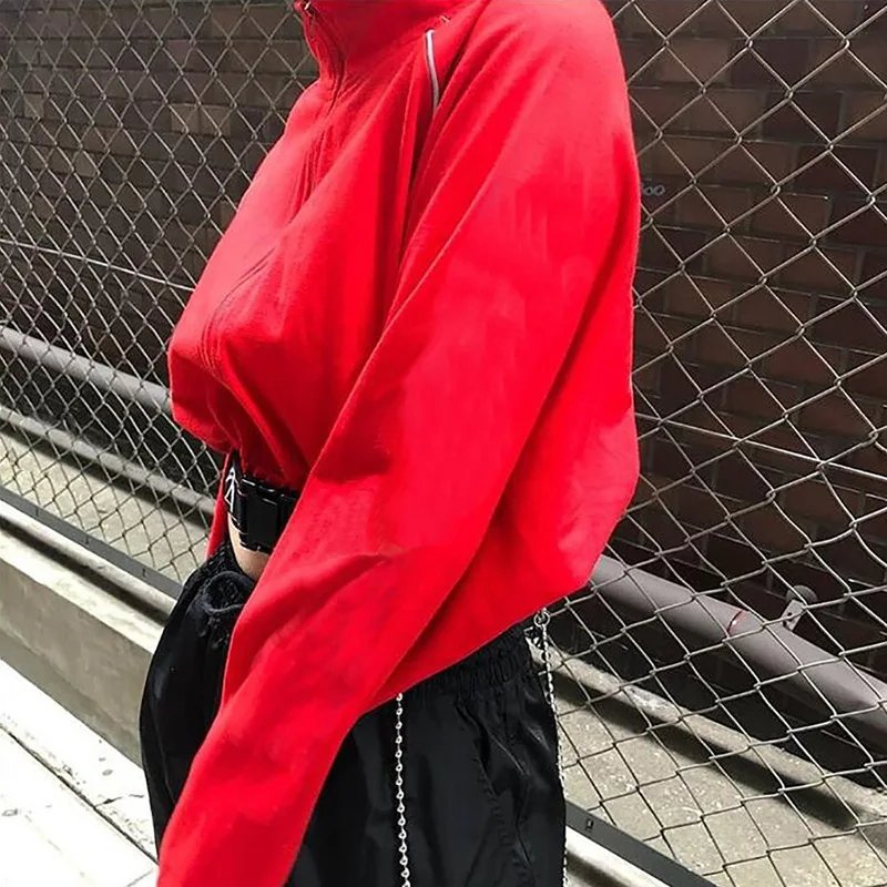 Auyiufar Reflective Long Sleeve Sweatshirt Red Zipper Fly Cropped With Belt Fashion Loose Streetwear Shinning Moletom Women Tops