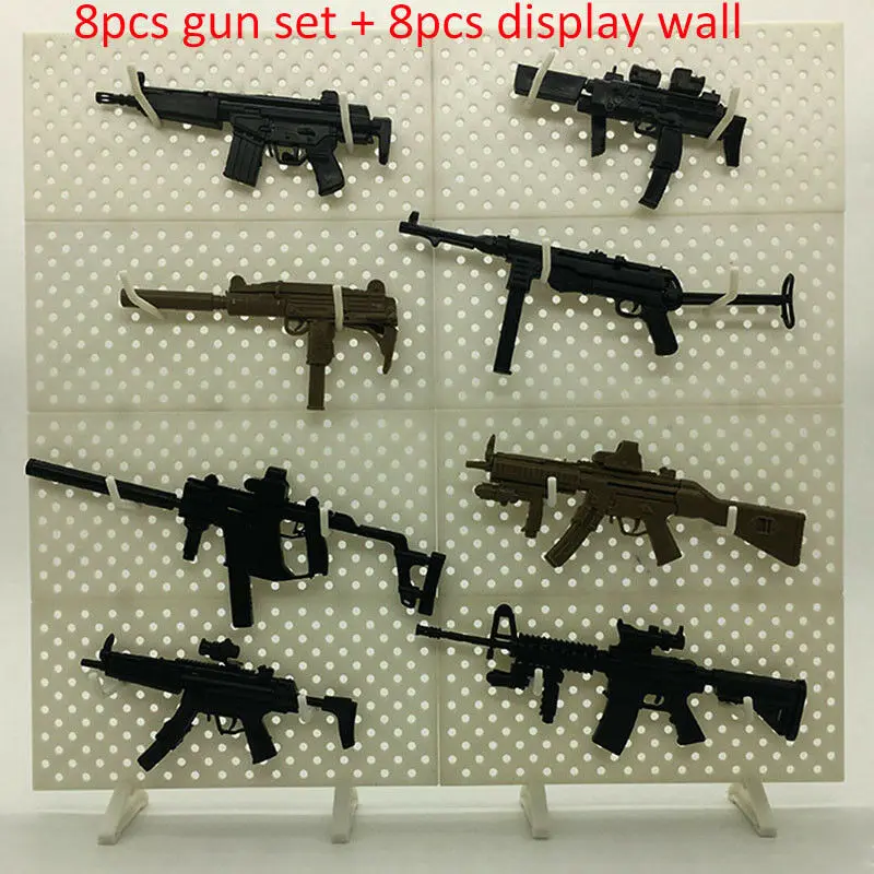 

8Pcs 1/6 Toys Gun Model MP5 HK53 UZI MK18 KRISS VECTOR MP7 Puzzles Building Bricks Gun Soldier Weapon+Display Wall