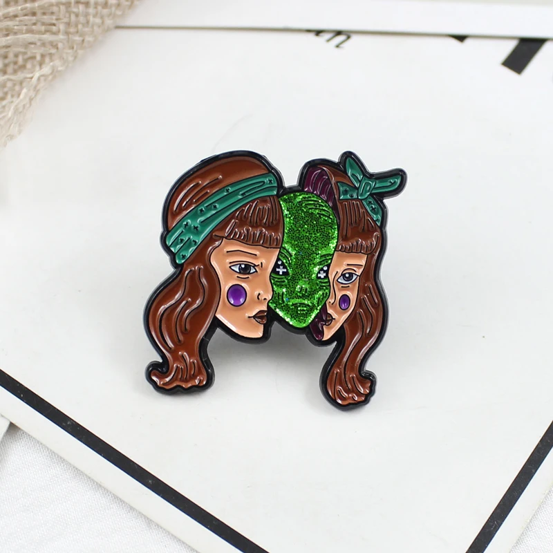 

Green Aliens Green ribbon Woman Beauty mask Enamel Pin monster Special-shaped Brooch Lapel shirt badge for kids Halloween gift