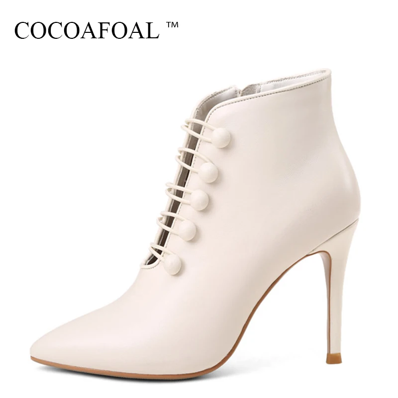 

COCOAFOAL Fashion Sexy Sheepskin High Heeled Shoes Woman Winter String Bead Ankle Boots Black Genuine Leather Martin Boots 2018