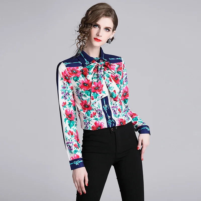 New Runway Designer Women Blouses And Shirts 2019 Spring Elegant Ladies Blouses Long Sleeve Floral Print 