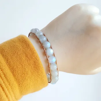 

Lii Ji Aurora Natural High Quality Labradorite 8mm With Clear Quartz Leather Wrap Bracelet Handmade Creative Bracelet