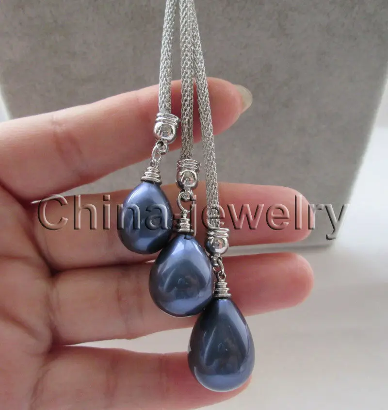 

Beautiful 24" 3bead 15-18-20mm deep blue drip sea shell pearl necklace ^^^@^Noble style Natural Fine jewe FREE SHIPPING