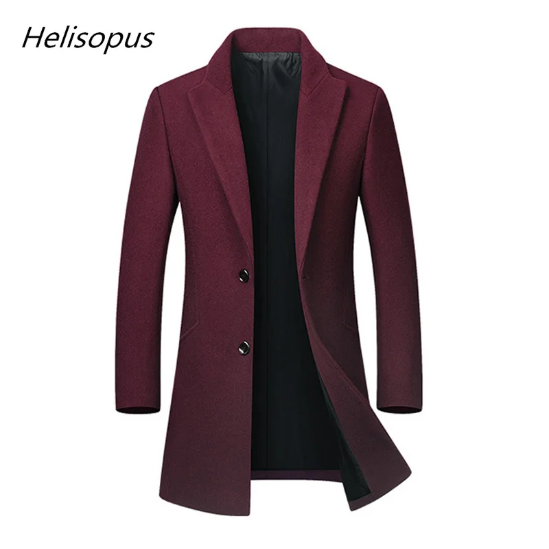 Helisopus Autumn Winter Fashion New Men's Long Wool Coat Male Slim Fit Trench Pure Color Turn Down Collar Overcoat Helisopus Autumn Winter Fashion New Men's Long Wool Coat Male Slim Fit Trench Pure Color Turn Down Collar Overcoat