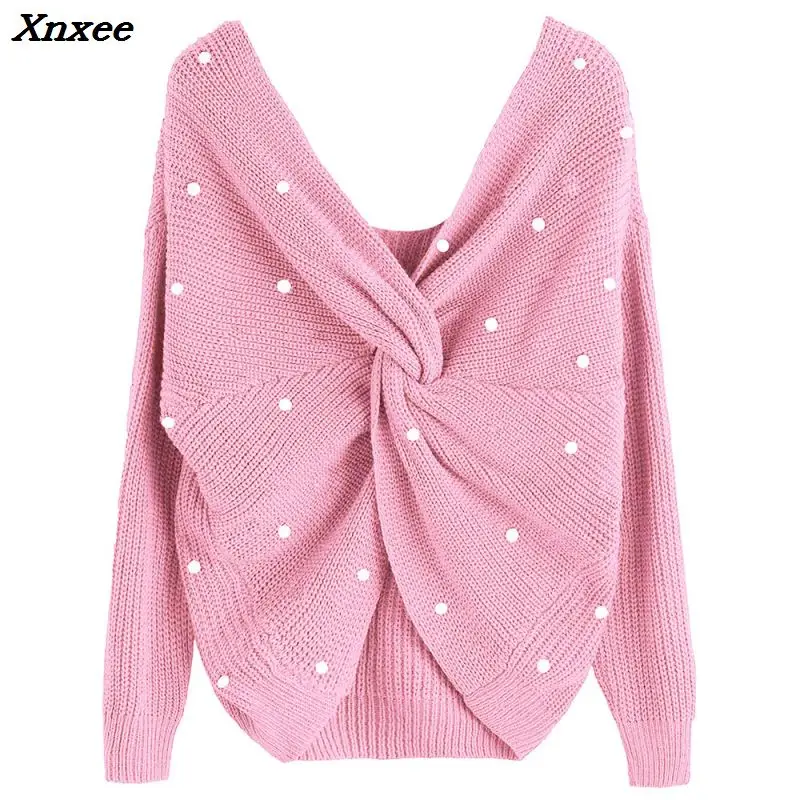 

Xnxee Pearl Beading V Neck Twist Sweater Sweet Burgundy Women Pullovers Knit Jumper Long Sleeve Casual Solid Sweater pull femme