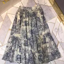New Hot Blue Printed Skirt Women Pleated Casual Ankle-length Bohemian Skirt