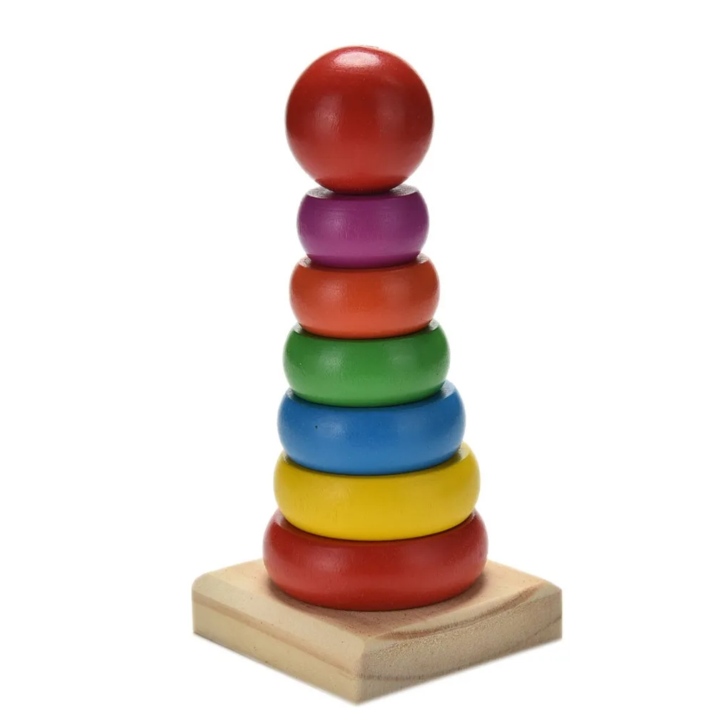 

Kids Baby Toy Wooden Stacking Wooden Educational Toys Stack Up Rainbow Tower Ring Learning Toy