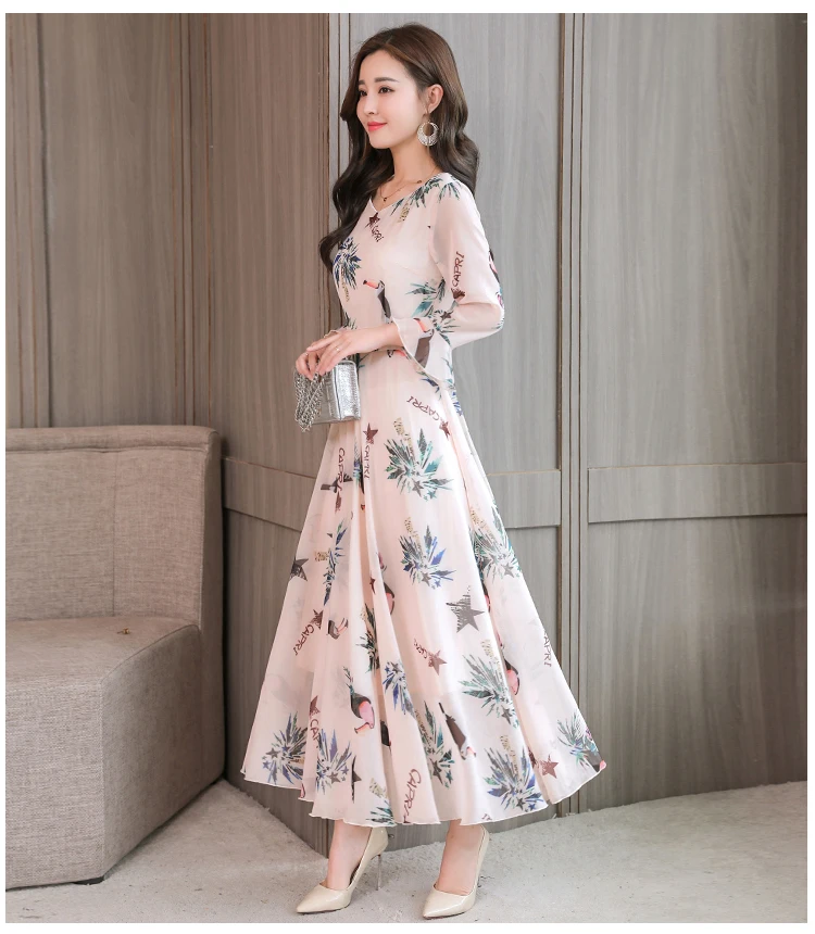 High quality Autumn New Arrival Plus Size S-XXXL Fashion V Collar Flare Sleeve Flower Printed Woman Long Chiffon Dress