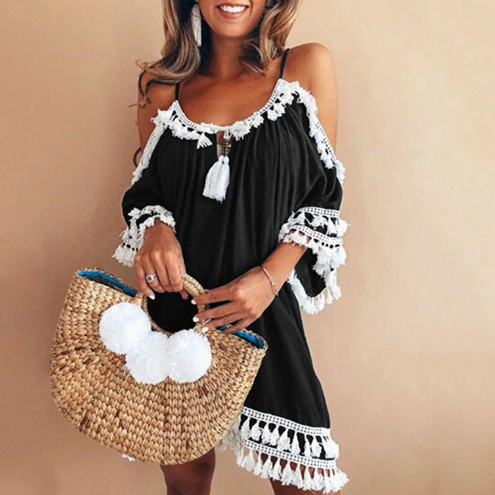 2020 Women Off Shoulder Dress Tassel Short Cocktail Party Beach Dresses Sundress Fashion Ethnic