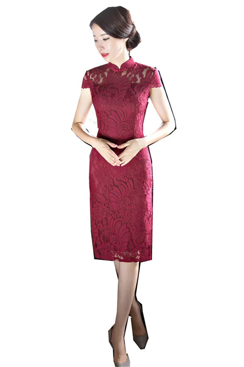 Шанхай история Новое поступление китайский женский колено Leng Cheongsam мода короткий стиль лето Qipao кружевное платье Vestidos - Цвет: Dark Red