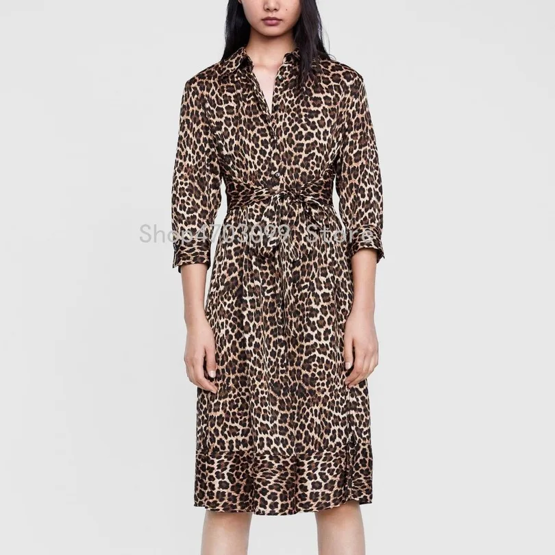 

2019 Women european cotton turn down collar leopard sexy print za full sleeve print Dress Hot Sale Women Clothing vestidos