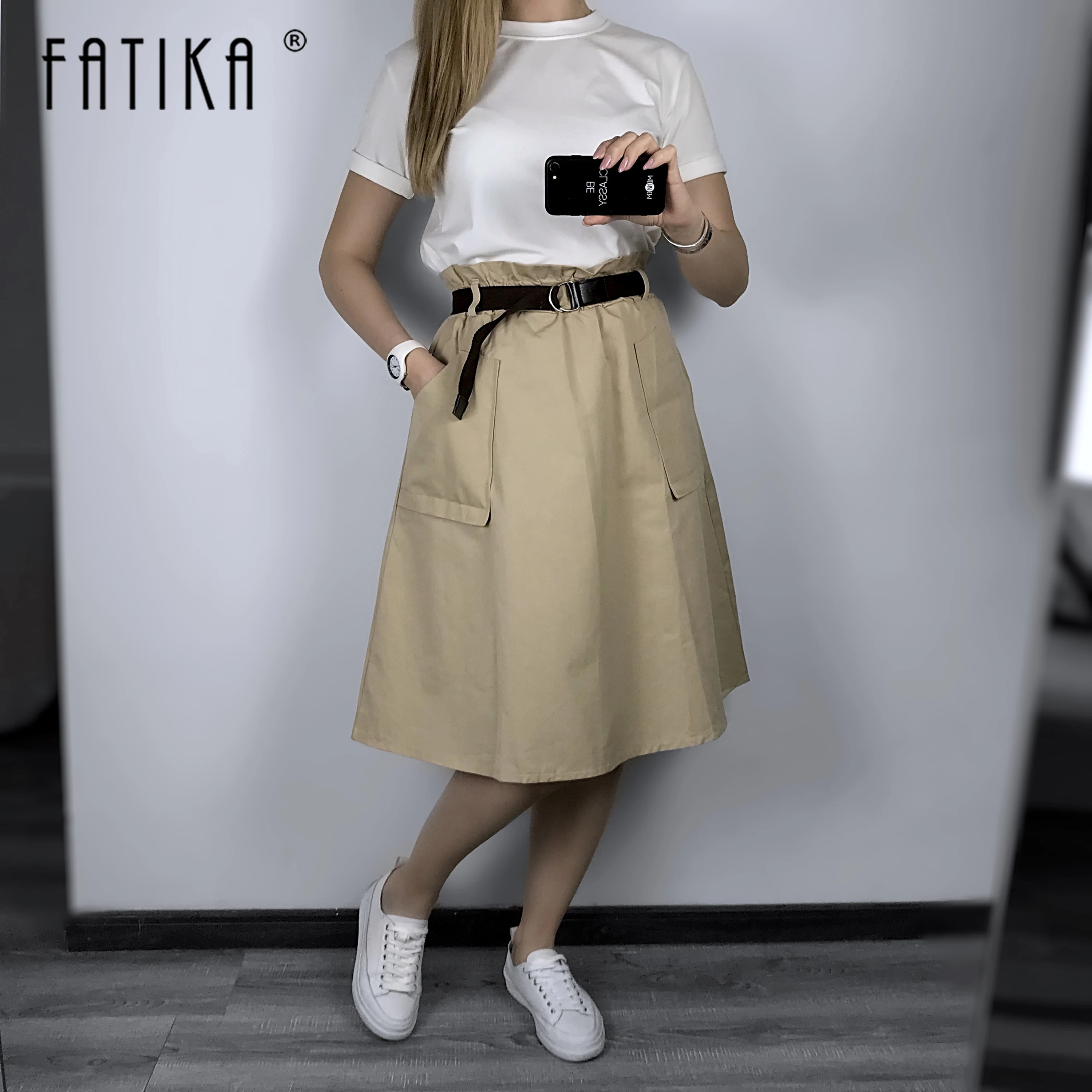 Comprar FATIKA Pure Color bolsillos faldas Midi Casual señoras Bottoms moda femenina faldas con fajas 2019 nuevo caliente para las mujeres