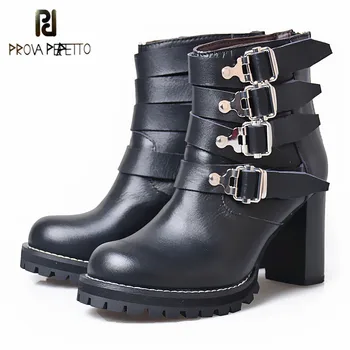 

Prova Perfetto 2018 Fashion Women Boots High Heels Platform Buckle Genuine Leather Short Booties Black Ladies Shoes Good Quality