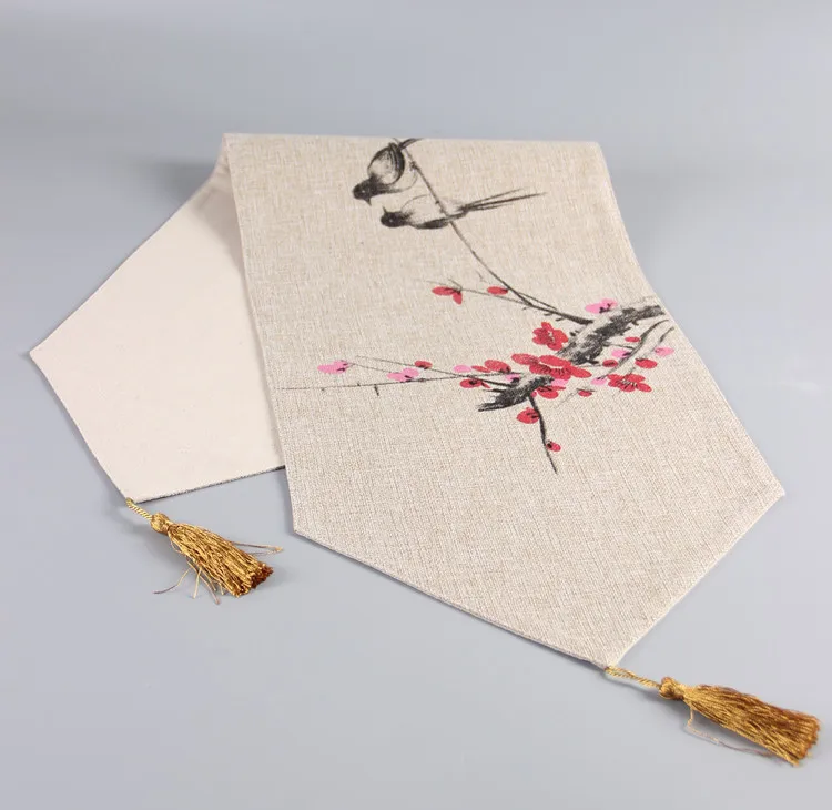 

Hand Painting Flower Bird Elegant Table Runners Chinese Rectangular Cotton Table Cloth Linen Decorative Coffee Tea Table Mat