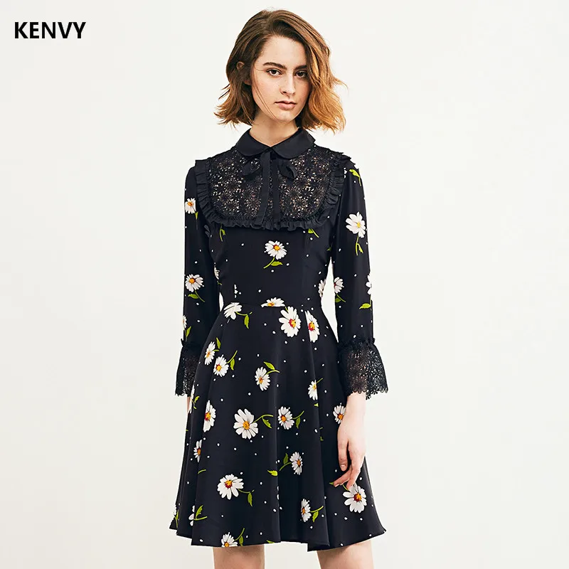 

KENVY Brand fashion women's high-end luxury Autumn casual sweet daisy printed bowknot lace dress female