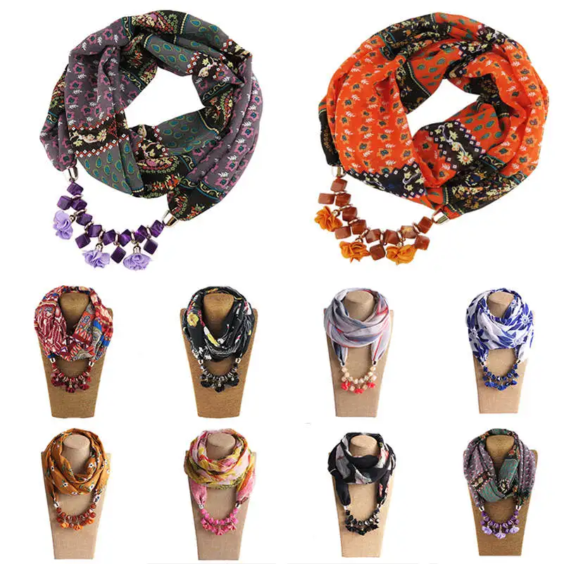 

Women Beads Pendant Necklace Scarf Muslim Chiffon Print Wrap Headscarf New