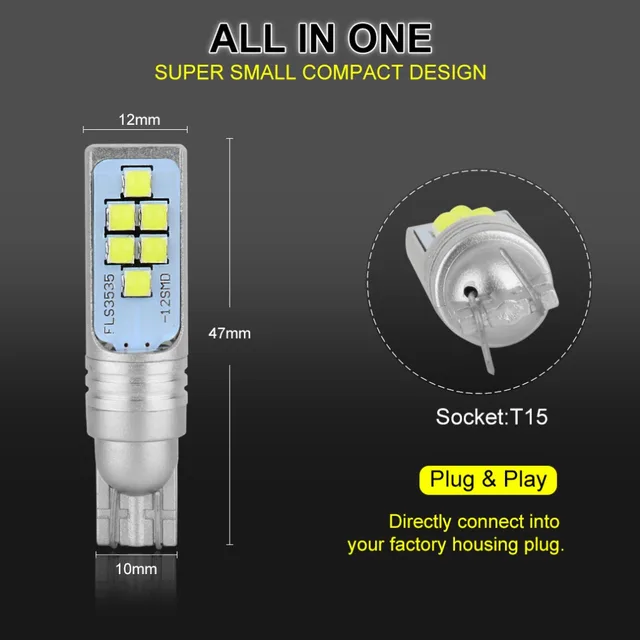 2Pcs T15 W16W LED Bulb Canbus Error Free 920 921 912 1200LM Car Reverse Light Auto Backup Brake Parking Lamp 6000K 12V 24V