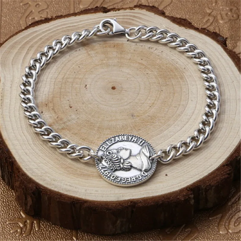 Queen Coin Tag Solid Silver 925 Chain Bracelet For Men Women 100% Real 925 Sterling Silver Simple Vintage Style 925 Jewelry Gift Queen Coin Tag Solid Silver 925 Chain Bracelet For Men Women 100% Real 925 Sterling Silver Simple Vintage Style 925 Jewelry Gift