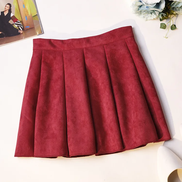 2018 Для Женщин Faux Suede Skirt осень-зима Высокая талия маленький зонтик юбки дамы-line мини-юбка универсальные плиссированные юбки 1093