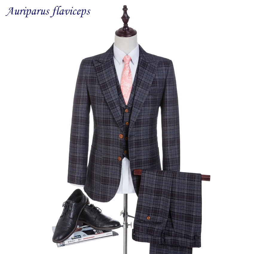 

2023 Man Suits Tweed Suits Notched Lapel Groom Tuxedos Groomsman Suit Custom Made Check Wedding Suit Jacket+pants+vest