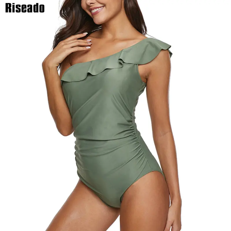 

Riseado One Piece Swimsuit 2019 Sexy One Shoulder Swimwear Women Solid Ruffle Swimsuits Ruched Bathing Suits Beachwear