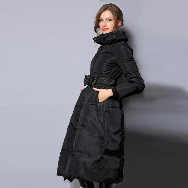 Новая зимняя коллекция, женский теплый пуховик, элегантное черное приталенное пальто с бантом, женские удлиненные тонкие куртки, ветронепроницаемые, AO042