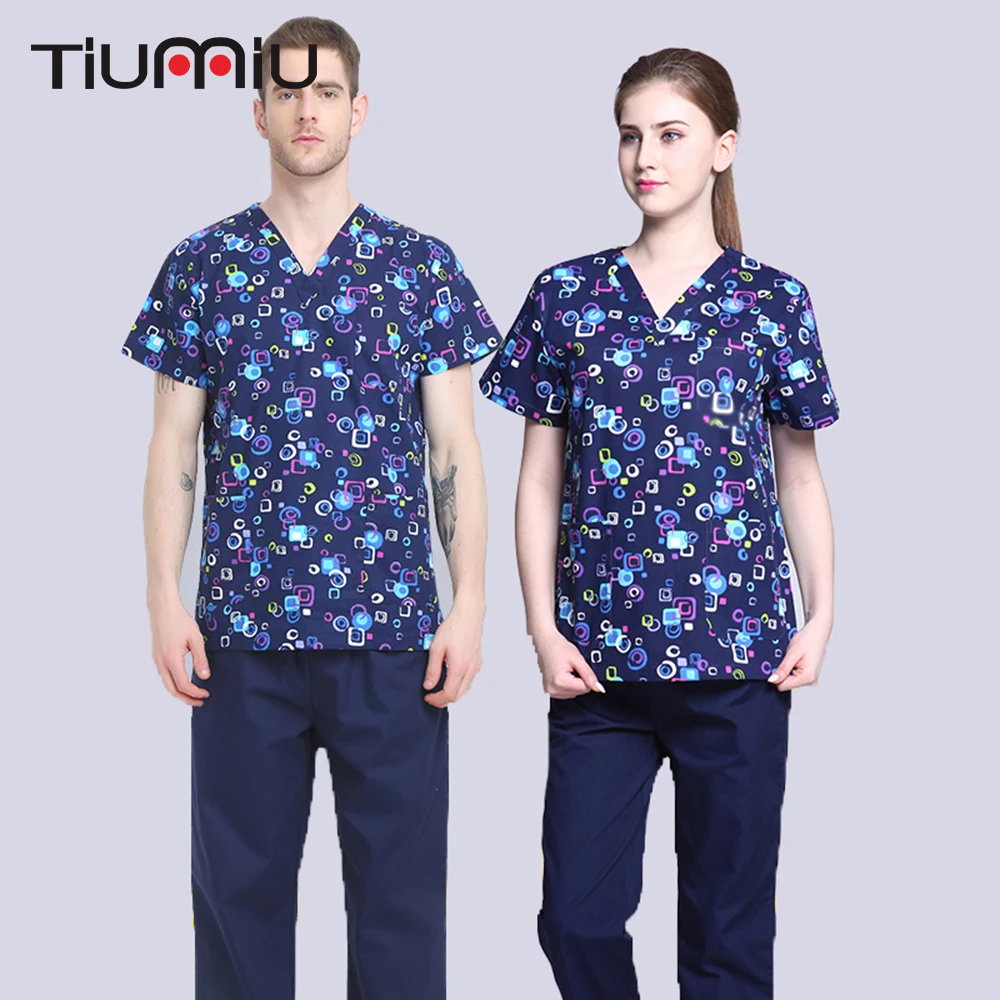 

Blue Colorful Print Scrub Sets short-sleeved Doctor Nurse Uniform Summer Hospital Medical Beauty Salon Surgical Medical Clothing