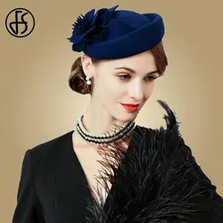 FS Fascinators для Для женщин элегантный шерстяной фетр Шапки Темно-синие черный шляпа-таблетка дамы с цветочным принтом для свадьбы Вечерние