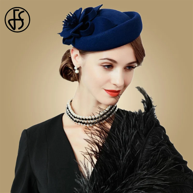 

FS Fascinators For Women Elegant Wool Felt Hats Navy Blue Black Pillbox Hat Ladies Wedding Floral Formal Cocktail Church Fedoras