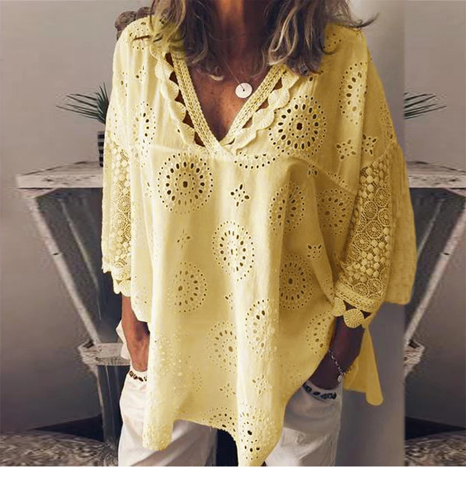 5XL размера плюс Топы кружевные лоскутные Женские топы и блузки с длинным рукавом рубашки с v-образным вырезом летняя блузка с геометрическим рисунком