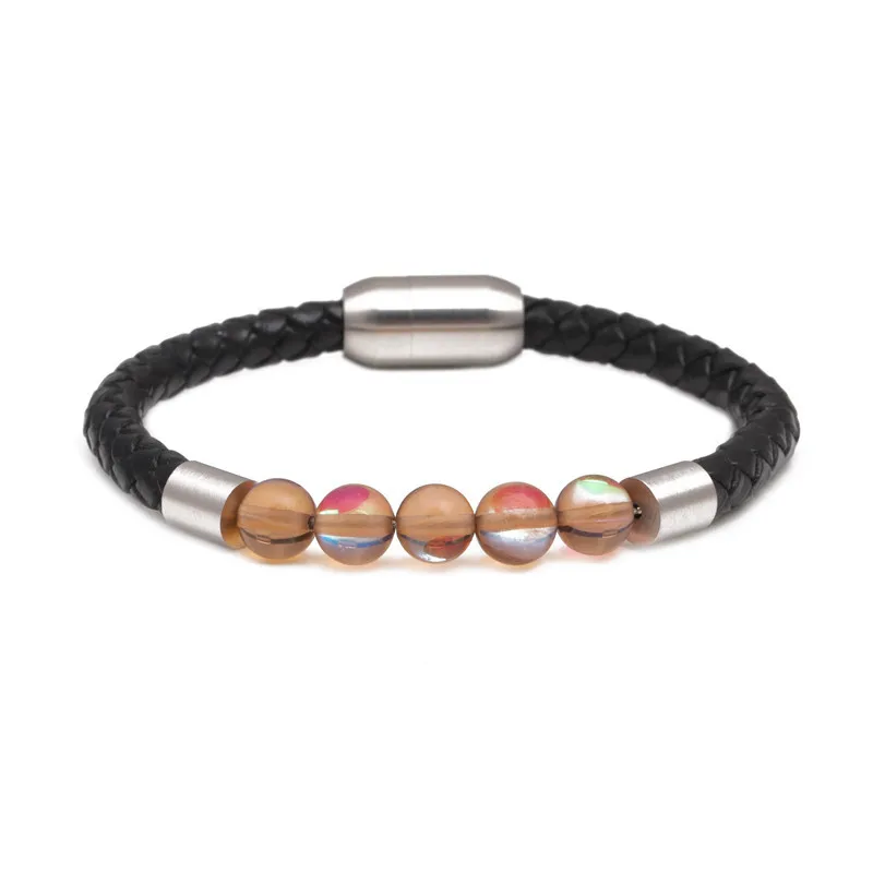 

Fashion Men Jewelry Natural Stone Genuine Leather Bracelet Black Stainless Steel Magnetic Clasp Red Bead Bracelet Men MB2-0745